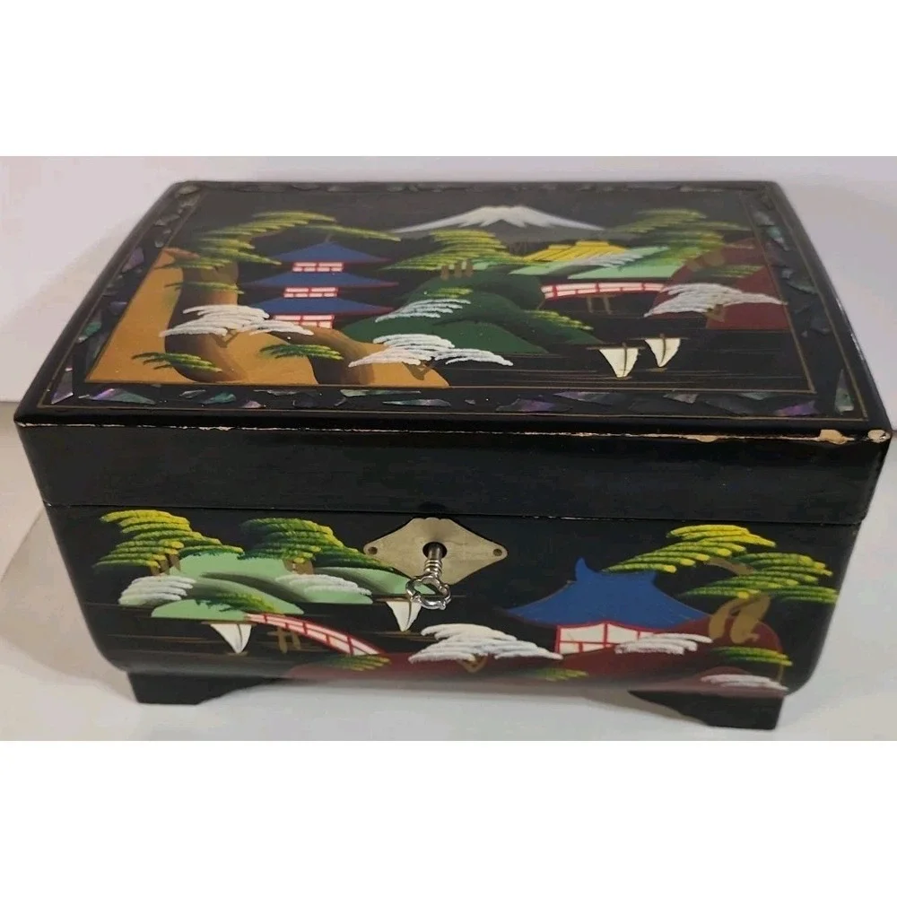 Vintage Crestline Japan Music Jewelry Box Black Lacquered Painted Mirror Locking